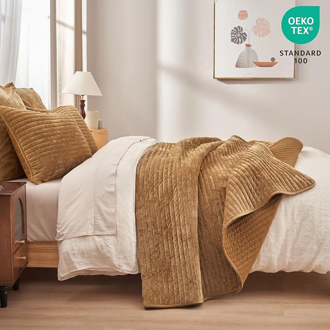 PHF Luxury Velvet Quilt Set King Size – 3PCS Ultra Soft Quilted Comforter Alternative with Striped Channel, Cozy Quilted Bedspread, 1 Coverlet with 2 Matching Shams, 108" x 92", Rusty Burnt Orange