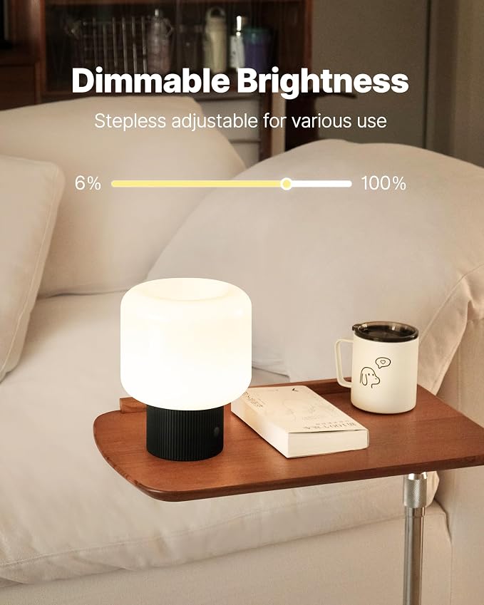 MAGCHARM Halo Mushroom Lamp, 5W Cute Cordless Rechargeable Table Lamp with Glass Shade, 3 Color Temps LED Dimmable Ambient Lighting, Small Retro Touch Bedside Light for Bedroom Decor, Black