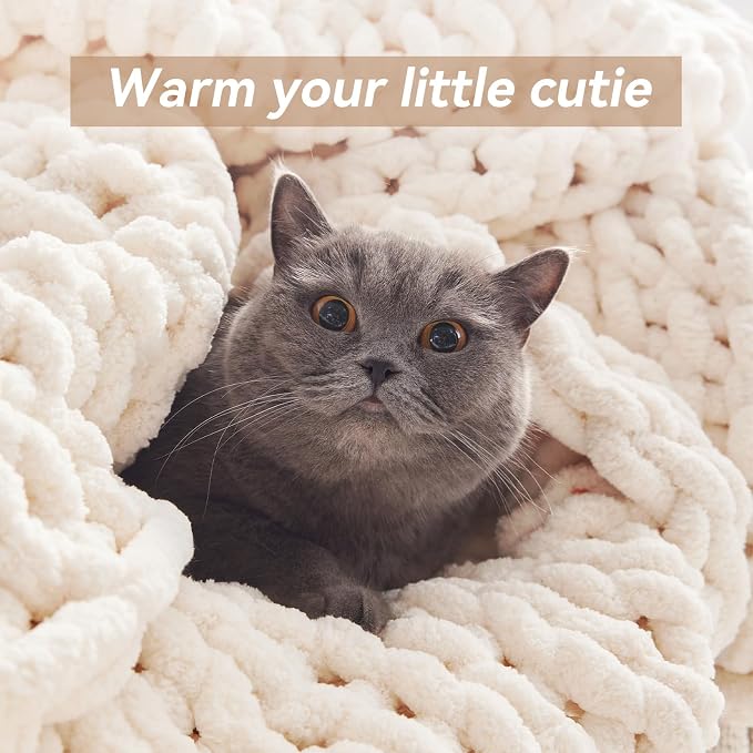 Negwoo Chunky Knit Throw Blanket, 61''*81'' Knitted Throw Chenille Yarn for Bed Couch, Handmade Cream Crochet Big Thick Blanket, Machine Washable Cute Comfy Blanket for Home Decor