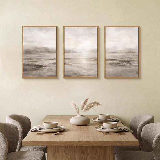 HPNIUB Larger Abstract Neutral Brown Framed Canvas Wall Art Set,Modern Misty Watercolor Lake Landscape Wall Decor, Minimalist Texture Pastel Artwork for Living Room,Bedroom,Office-16 x24 x3