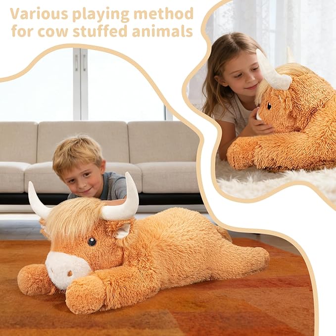 39 Inch Giant Highland Cow Stuffed Animal, Big Cattle Plushie Toy for Kids & Adults, Fluffy Large Size Stuffed Cow Hugging Pillow Gifts for Birthday (Yellow)