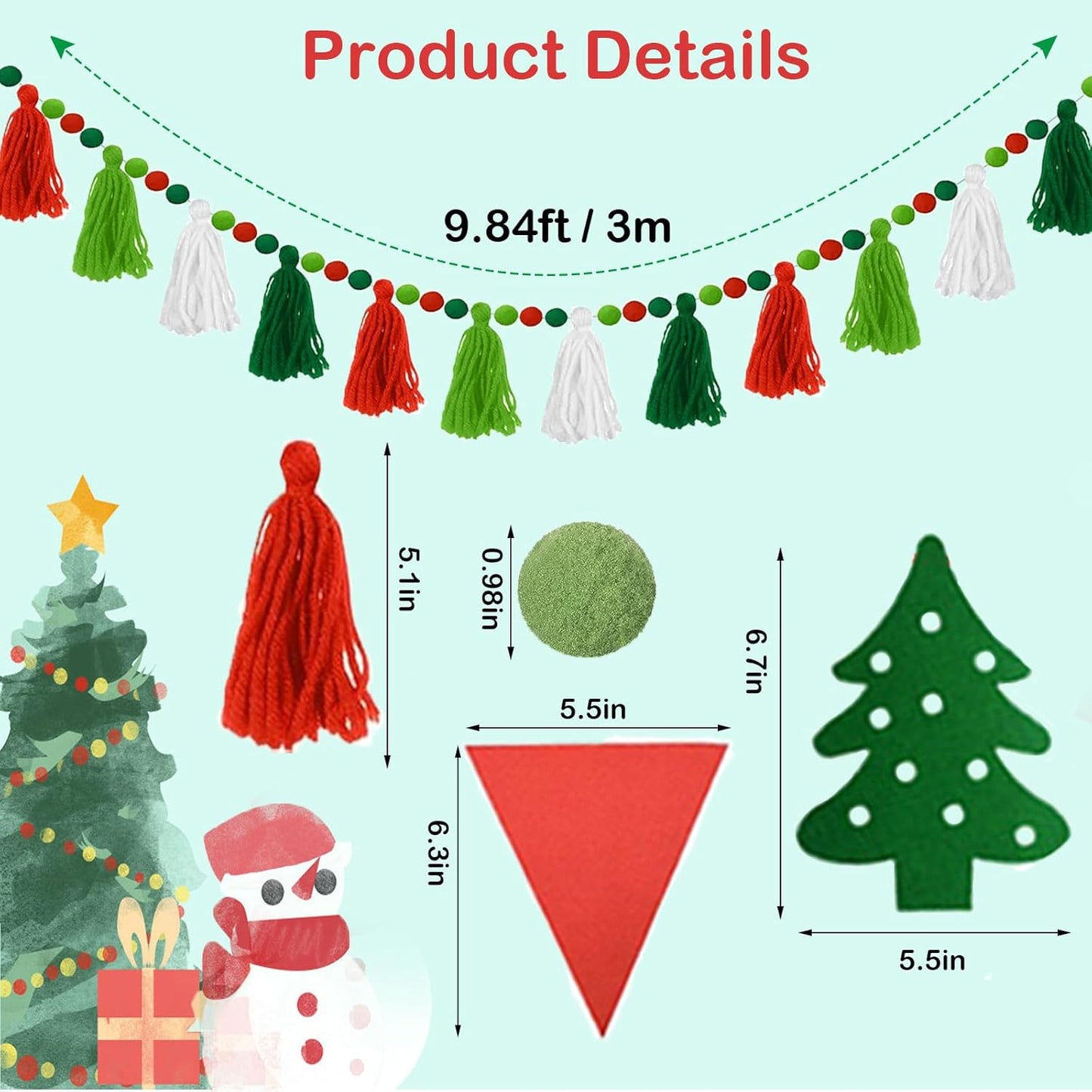 4 Pcs Christmas Tassel Garlands, 9.8 Feet Pom Pom Balls Garland Decor, Colorful Felt Fabric Pennant Banner, Boho Pastel Tassel Wall Door Hanging Decor for Xmas Party Classroom Home Ornament
