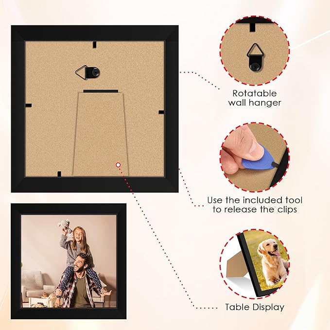 FIXSMITH 5x5 Picture Frame Set of 4, 5x5 Photo Frames with HD Plexiglass for Wall Hanging or Tabletop Display, Black