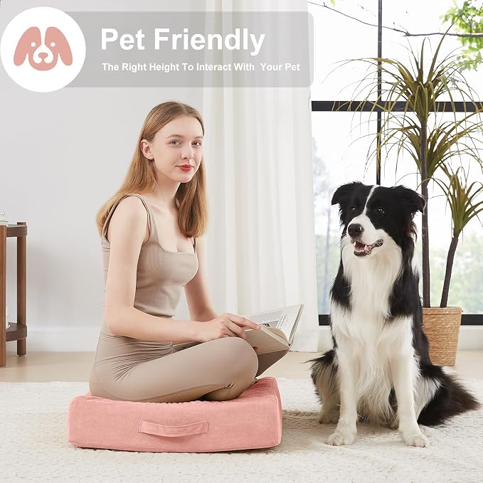 JKMAX 2 Pcs High Density Foam Floor Pillow - Upgraded Large Pillows Seating for Adults - Outdoor Floor Cushion with Soft Tufted Cover - Yoga Pillows for Sitting On Floor - 22 Inch Pink