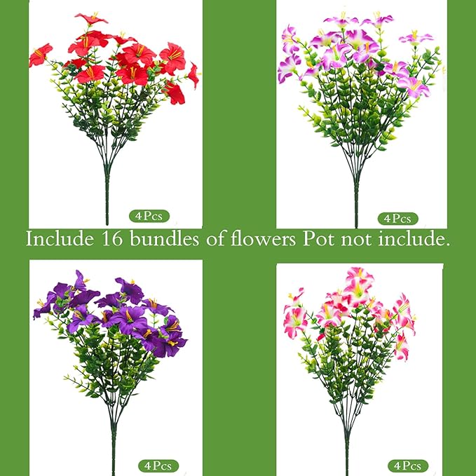 Artificial Flowers for Outdoors Fake Plants Outside, 16 Bundles Silk Morning Glory with Eucalyptus, UV Resistant Realistic Faux Flowers for Planters Porch Patio Garden Balcony Decor (4 Color)