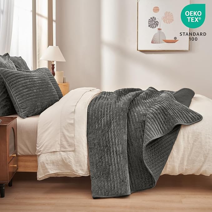PHF Luxury Velvet Quilt Set Twin Size – 2PCS Ultra Soft Quilted Comforter Alternative with Striped Channel, Cozy Quilted Bedspread, 1 Coverlet with 1 Matching Sham, 68" x 92", Grey