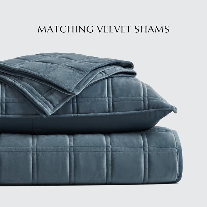 EverGrace 3 Pieces Luxurious Velvet Quilt Queen Size, Ultra Soft Bedspread Coverlet Set, Double Box Stitch Lightweight Velvet Comforter for All Season with 2 Shams, Stormy Blue, 92"x96"