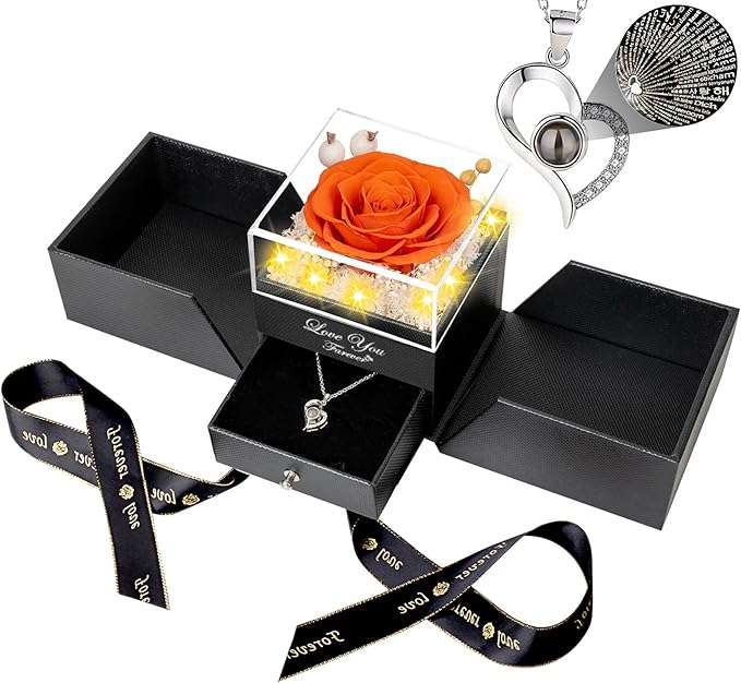 ENERLEAF Preserved Orange Real Rose-Eternal Flowers Rose Gifts for Mom Grandma Wife Girlfriend on Mothers Day Birthday Valentines Christmas Anniversary Romantic Gifts for Her with I Love You Necklace