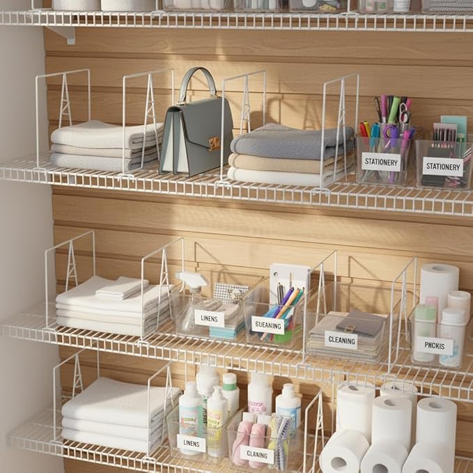 Wire Shelf Dividers - White Closet Organization & Storage Organizer - No Tool Shelf Divider for Wire Shelves - Metal Shelf Accessories – for 12“ Deep Wire Shelves – Tall 12” Height – 12 Pack