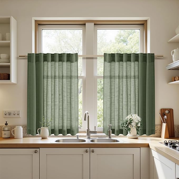 Nanspring Olive Green Cafe Linen Curtains 24 Inch Length 2 Panels Semi Sheer Mini Curtains for Small Window Kitchen Back Tab Rod Pocket Short Sheer Bathroom Curtain 36x24 Inches
