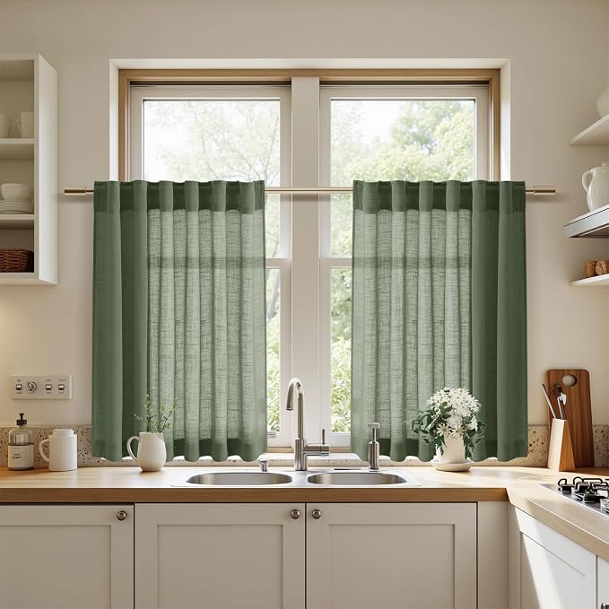 Nanspring Olive Green Linen Curtains 30 Inch Length Short Kitchen, Semi Sheer Boho Cafe Curtains Back Tab and Rod Pocket Basement Drapes for Half Window 30 x 30 Inch,2 Panels