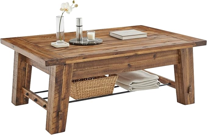 Alaterre Furniture Durango Solid Wood Coffee Table with Metal Storage Shelf | 48-Inch, Rustic Industrial Living Room Table, Metal Accent, Rustic Natural Grain Lacquer Finish