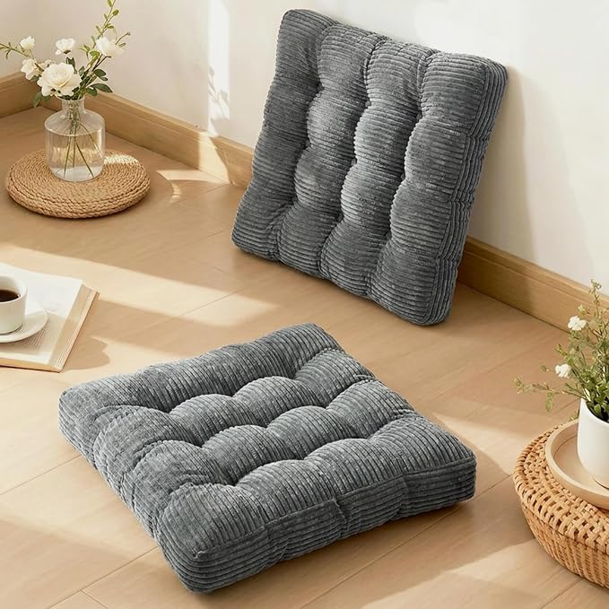 Meditation Floor Pillow Set of 2,Memory Foam Meditation Floor Cushions for Adults Sitting, Large Square Thickened Seat Cushion for Yoga, Tatami Living Room (2, Dark Grey)