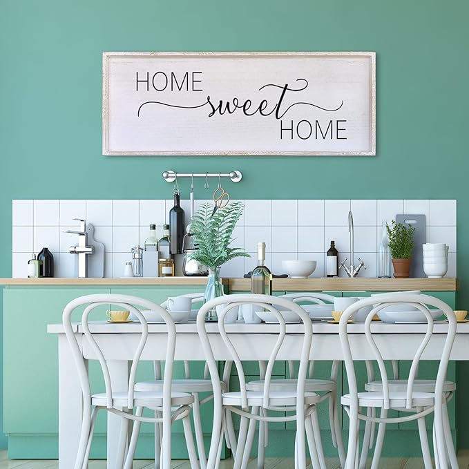 Home Sweet Home Sign Wall Decor 32”X12” Master Family Room Above Bed Beautiful Living Room Above Couch Sign Large Rustic Farmhouse Wood Framed Entryway Hanging Wall Art Decoration (White)