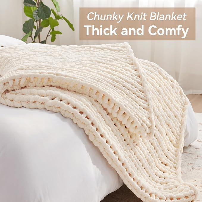Negwoo Chunky Knit Throw Blanket, 61''*81'' Knitted Throw Chenille Yarn for Bed Couch, Handmade Cream Crochet Big Thick Blanket, Machine Washable Cute Comfy Blanket for Home Decor