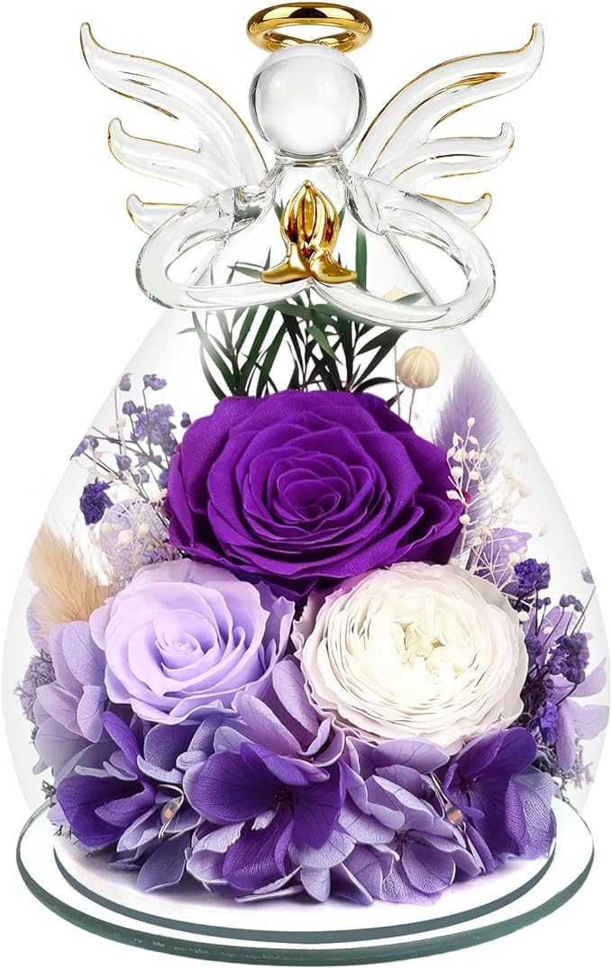 Gifts for Women Preserved Rose Forever Flower Eternal Roses in Glass Angel Figurines Fresh Flowers for Delivery Prime Mothers Day Birthday Gift for Mom Her Wife Grandma on Valentines Day Anniversary