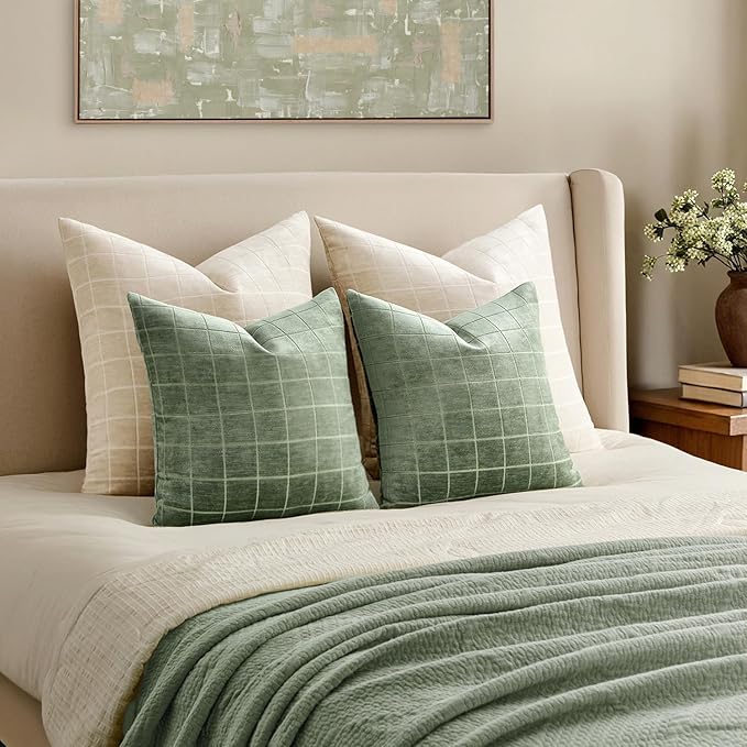 MIULEE Decorative Chenille Check Throw Pillow Covers Vintage Plaid Couch Pillows 20x20 Inch Set of 2 Neutral Boho Farmhouse Cushion Covers Modern Spring Home Decor for Sofa Bed Living Room Sage