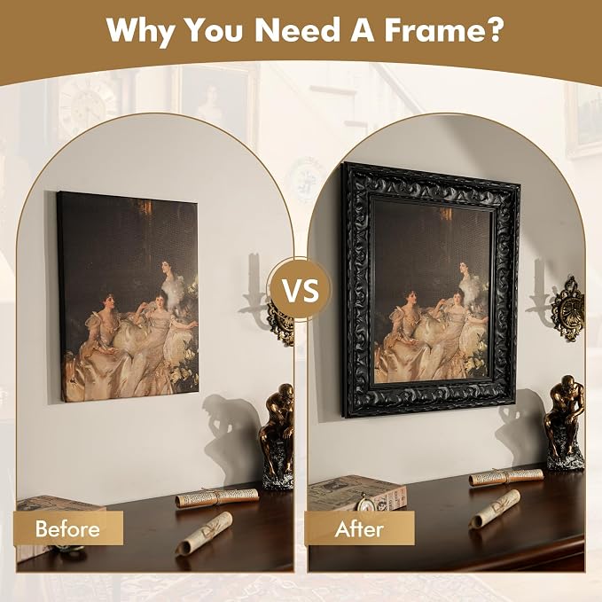 Antique French Canvas Frame for 24x32 Oil Paintings Diamond Art Prints, 2.6" Wide DIY Wood Gallery Wall Frame for Coffee Book Shop Dining Room Kitchen Decor, No Back & Glass (Black)