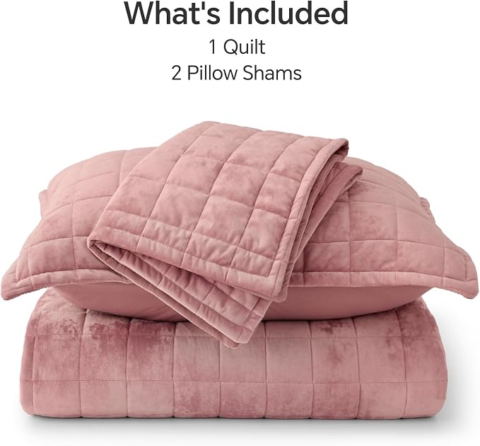 BEDELITE Velvet Quilt Set King Size - Luxury Soft Velvet Comforter Bedding Set for All Season, Lightweight Quilted Box Stitch Oversized Bedspread Coverlet with 2 Matching Shams, Rose Pink