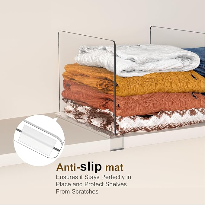 Purse Organizer for Closet Shelf Dividers: 11-inch Tall (Higher Version) Adjustable Clear Acrylic Bag Storage Organizer for Handbags, Sweaters, Towels, Jeans and Shoes on Wood Shelves 4-Pack