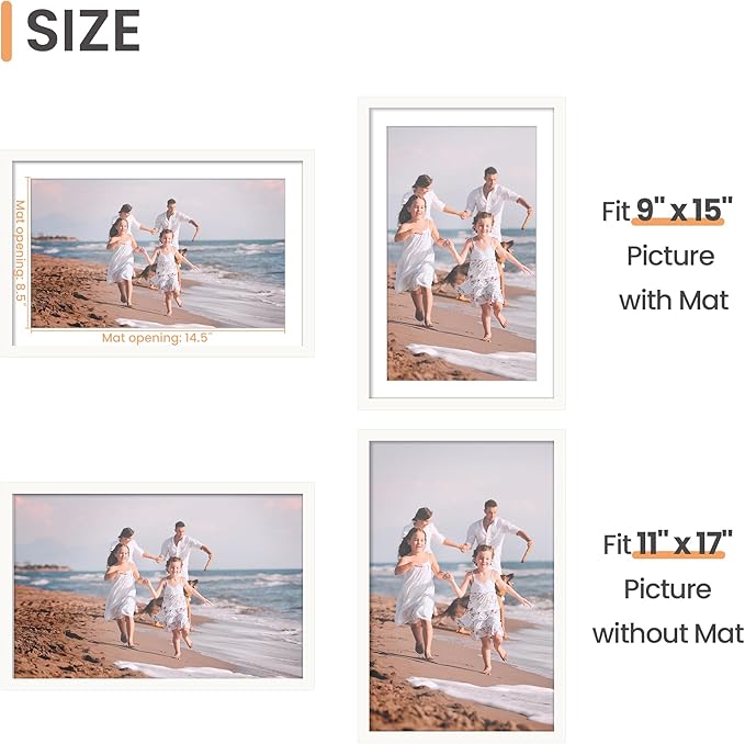 upsimples 11x17 Picture Frame, Display Pictures 9x15 with Mat or 11 x 17 Without, Wall Hanging Poster Frames, White, 1 Pack