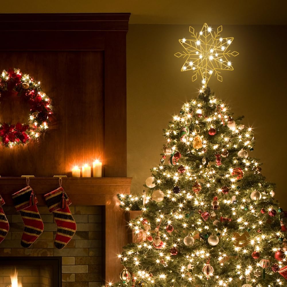 hogardeck Christmas Tree Topper, 10 Inches Lighted Gold Snow Tree Topper, 20 LED Lights Gold Glitter Powder Snowflake Tree Toppers Christmas Decorations, Battery Powered Timer Xmas Treetop Star Decor