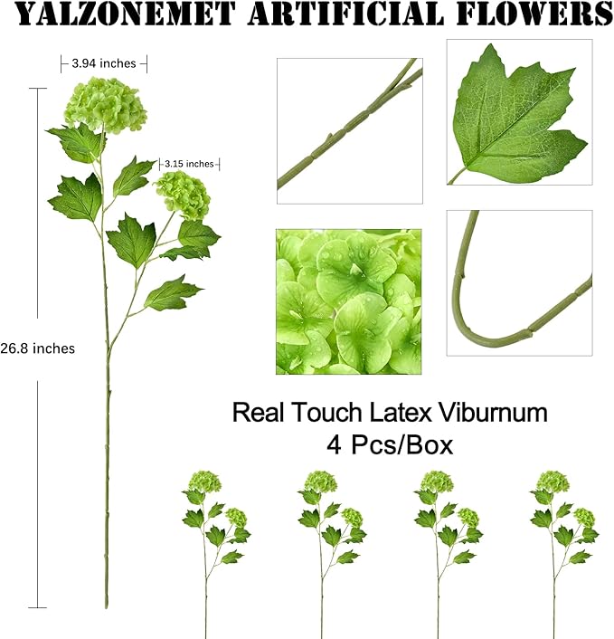 YalzoneMet RUZUQE 4 Pcs Dark Green Artificial Snowball Viburnum Flower 26.8‘’ Small Blooms Hydrangea Real Touch Faux Latex Long Stem Snowball for Spring Home Decoration Table Centerpiece