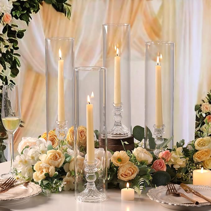 6 Set Hurricane Glass Candle Holders for Taper Candles, Candlestick Holders with Windproof Glass Tubes 13.4" H, Taper Candle Holders for Wedding, Dinner Table Centerpieces, Festival and Party Decor