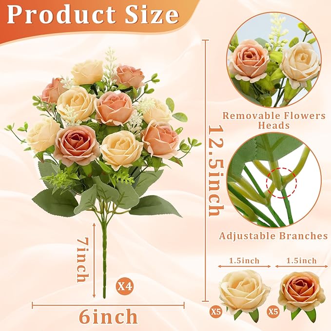 TURNMEON 40 Heads Fake Roses Artificial Flowers for Outdoors, 4 Bouquets UV Resistant Fake Flower Bouquet Faux Silk Roses for Wedding Birthday Home Mother's Day Cemetery Summer Decor(Vintage Coffee)