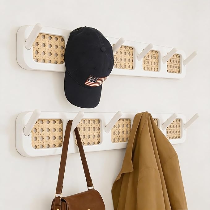 Coat Rack Wall Mount, Rattan Coat Hooks Hanger Wall Mounted | Wall Mount, For Hanging Clothes Hats Bags Jacket Towels Plants Rack Rail
