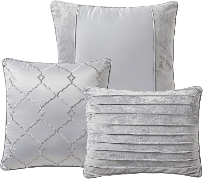 Queen Comforter Set 7 Piece - Ultra-Soft Comforter, 2 Shams, Elegant Bed Skirt, & 3 Decorative Throw Pillows - Luxurious Crushed Velvet Premium Bedding Ensemble for Sophisticated Bedroom Decor, Gray