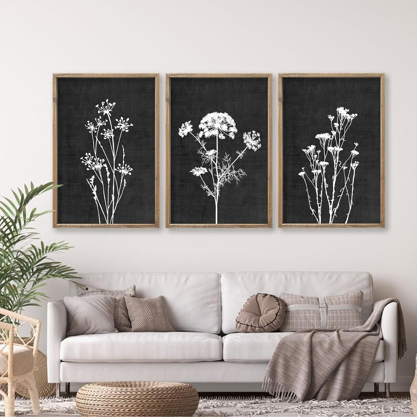Flower Plant Wall Art Decor 24"x16" Set of 3 Black And White Botanical Painting Wood Framed For Minimalist Bedroom Office Rustic Living Room Abstract Wildflower Sign Hanging (Wood Black)