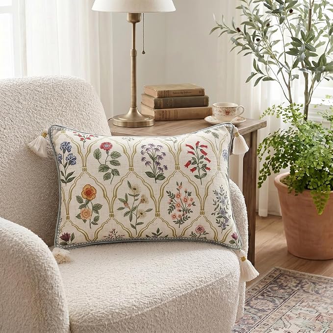 ISAENNE Designer Vintage Linen Throw Pillow Cover,20"x12"-Serenity B | French Elegant Rectangle Decor Pillow Cover,Concealed Zipper Design,Colorful Floral Pattern,Sofa,Bedroom,Living Room,Chair