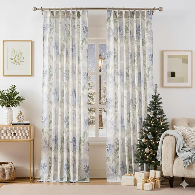 Kayne Studio Pinch Pleated Light Filtering Curtains Floral Semi Sheer Drapes for Living Room Bedroom 84 Inches Long Blue Flower Printed Botanical Pattern Back Tab Window Treatment Set,40"x84",2 Panels