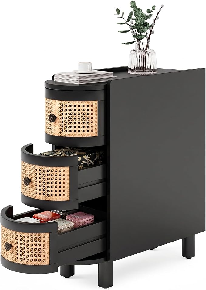 LITTLE TREE Solid Wood End Table, Rattan Narrow Side Table with 3 Drawers, No Assembly Required, Nightstand Bedside Tables for Living Room, Bedroom, Office, Bathroom, Black