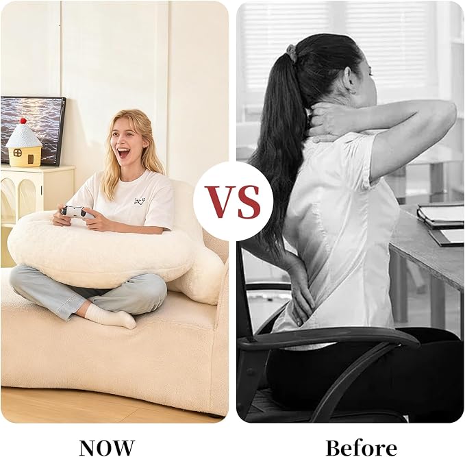 19" Reading Pillow for Bed,U Shaped Arm & Elbow Support,White Faux Fur | Backrest Supports Back,U Shaped Lap Pillow Cushions Arms,Elbows & Wrists,Plush Faux Fur for Reading,Gaming,Watching TV