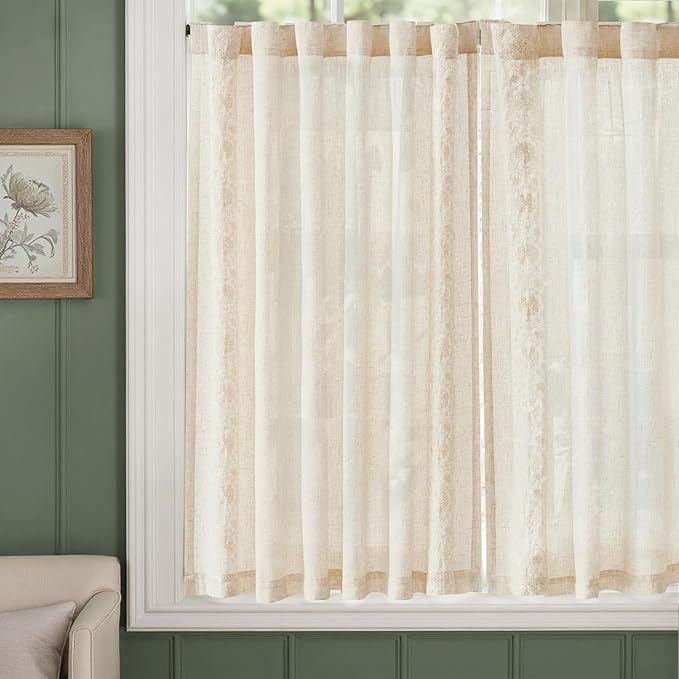 jinchan Ivory Floral Embroidered Short Linen Curtains 54×54 Inches 2 Panels | Light filtering, back tab, rod pocket, cafe curtains for kitchen bedroom living room, cottage farmhouse, small window
