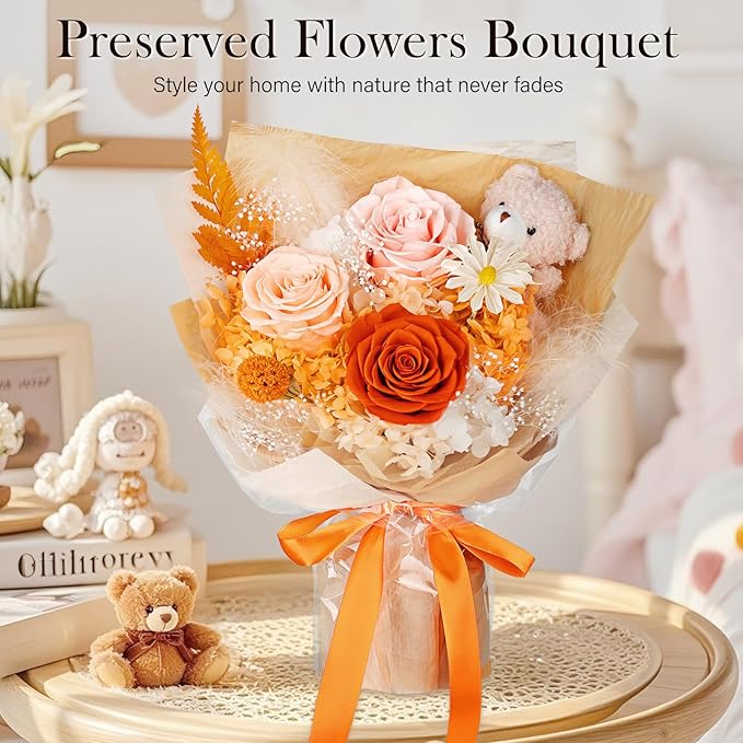 Preserved Flowers Bouquet with Bear, 3 Real Forever Flowers for Delivery, Long-Lasting Orange Eteranl Roses Bouquet, Mothers Day Gifts for Mom Grandma, Anniversary Birthday Gifts for Women Girlfriend