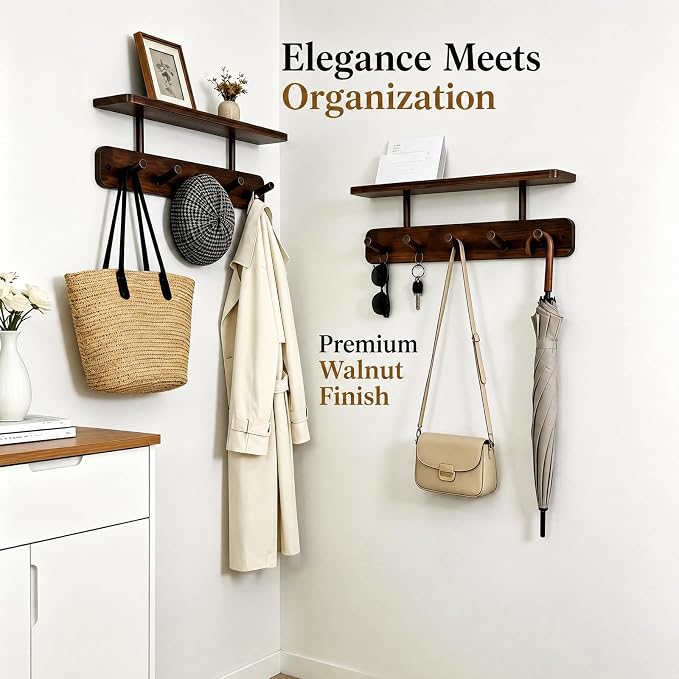 Coat Rack Wall Mount with Shelf, Adhesive or Drilling Mount, 2 Pack Wall Shelf with 10 Wooden Hooks, Hanging Storage for Clothes, Hats, Towels, Keys, Bags, for Entryway, Bathroom