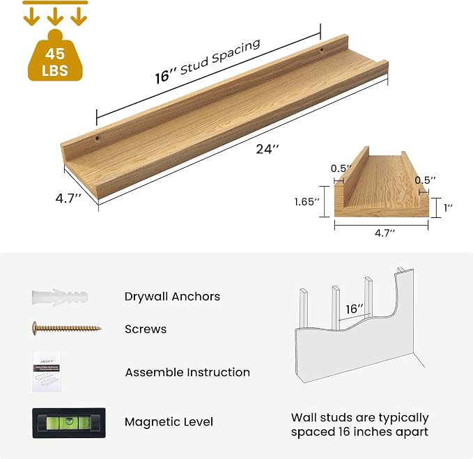 Acovy Solid Ash Wood Picture Ledge Shelf, 24 Inch, Natural, Set of 2 | Wood Floating Shelves with Lip, Photo Ledge Shelf, Wall Mounted, For Living Room Bedroom Nursery