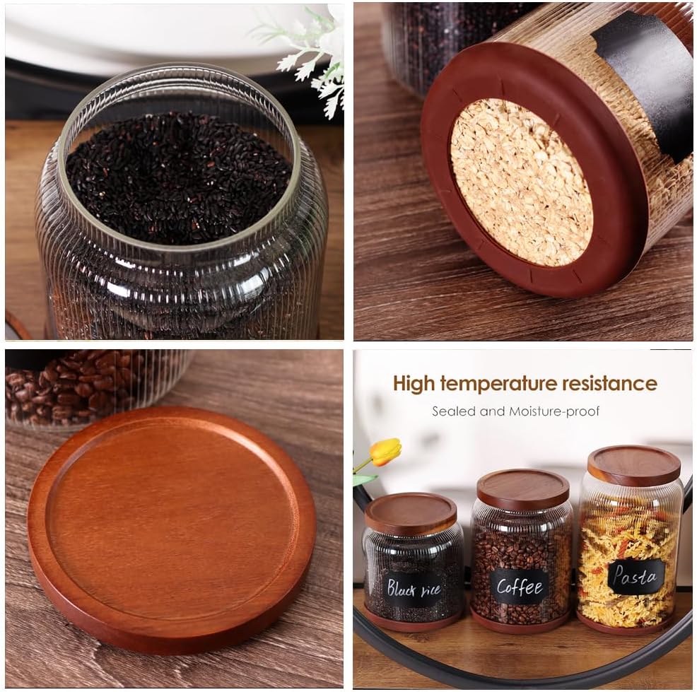 SAIOOL 2-Pack Striped Borosilicate Glass Airtight Canisters - Big mouth Large Capacity, Acacia Wood Lid, Food Storage Jars for Flour, Pasta, Pantry Organization (1/2 Gallon （Striped 2 pack）)