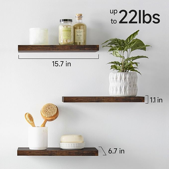 BAYKA Floating Shelves Bathroom for Wall – Shelf Over Toilet Farmhouse Rustic Wood for Bedroom, Kitchen, or Living Room Decor Organization, Bathroom Decor Shelves – Rustic Brown, Set of 3