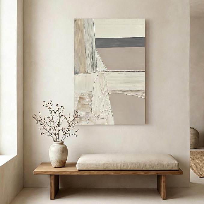 Abstract Canvas Wall Art, 24x36" Hand Painted Original Neutral Oil Painting | Textured White Beige Gray Layered Composition Modern Vertical Wall Decor for Living Room Bedroom Office Framed Ready to Hang
