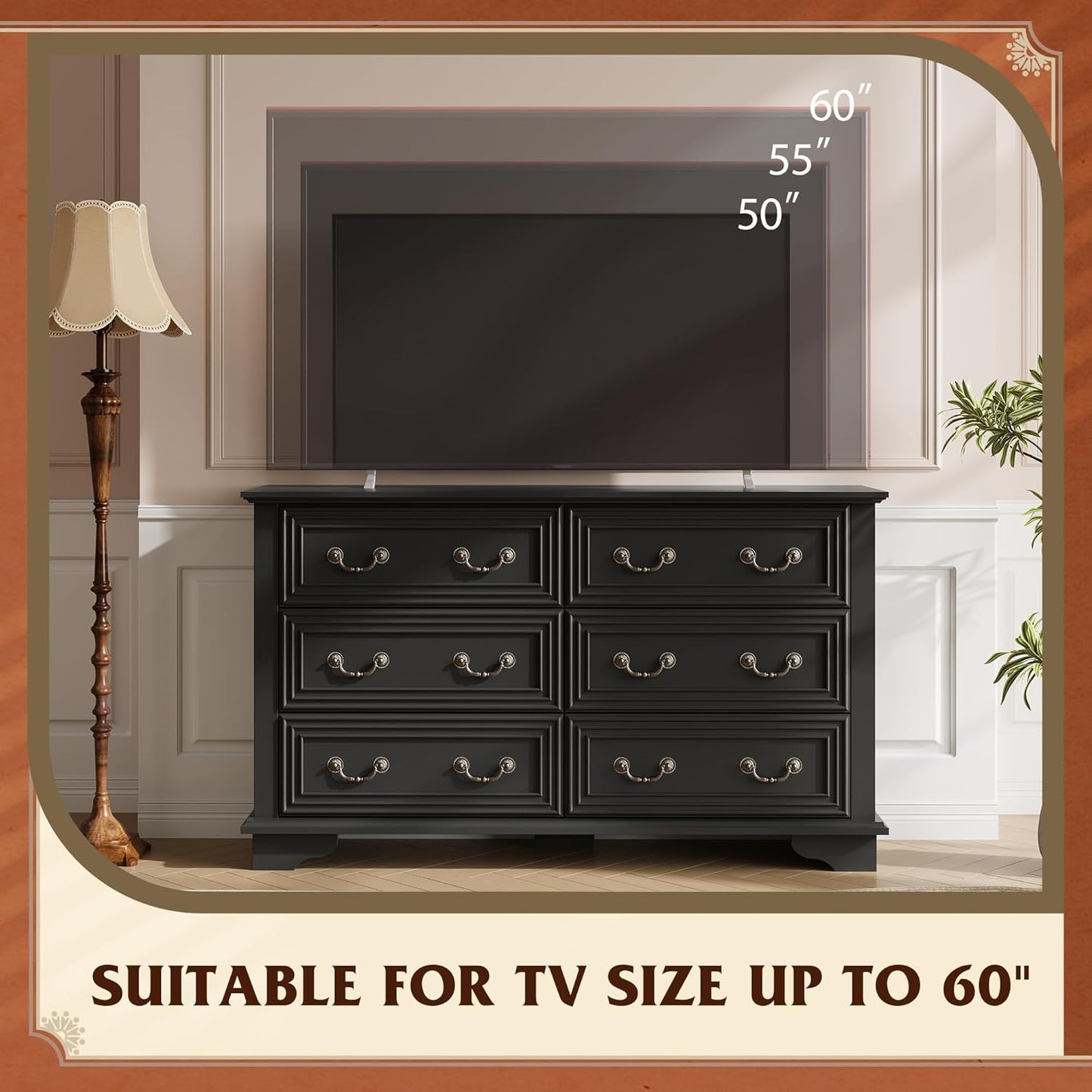 WLIVE Farmhouse Dresser for Bedroom, 51.97'' Wide Wood 6 Drawer Dresser, Chest of Drawers with Roman Metal Handle, TV Stand for 60 inch TV, for Living Room, Hallway, Black