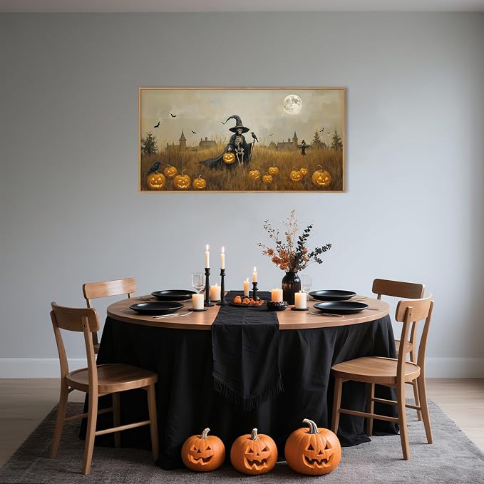 Halloween Ghost Reaper Framed Wall Art,Scary Witchy Pumpkin Wall Decor,Horror Night Wall Painting,Full Moon Bats Artwork for Living Room,Bedroom,Halloween Themed Party-40×20"×1