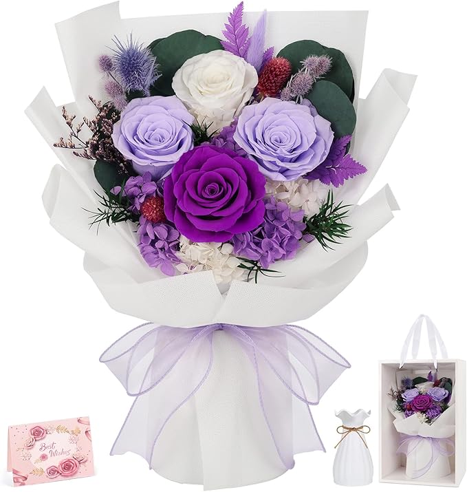 Preserved Flowers Bouquet 4 Roses with Vase,Flowers for Delivery Prime That Last 3-5 Years Real Forever Flowers Rose Bouquet for Mom Mother Women Wife Friends Birthday Mother's Day