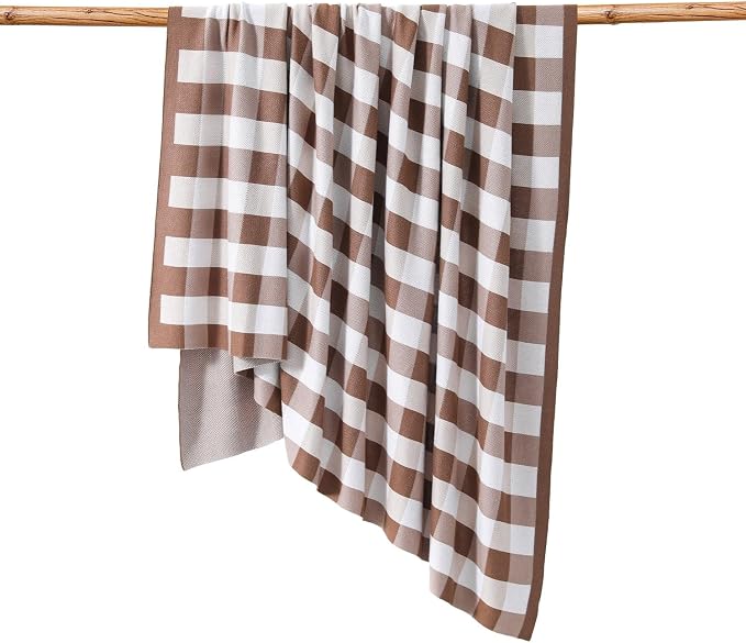 BOV Knit Checkered Throw Blanket - 100% Viscose Silky Super Soft Breathable Lightweight Decorative Throw Blanket for Year-Round Comfort, Perfect Self Care Gifts for Women & Men, Latte 50"x60"