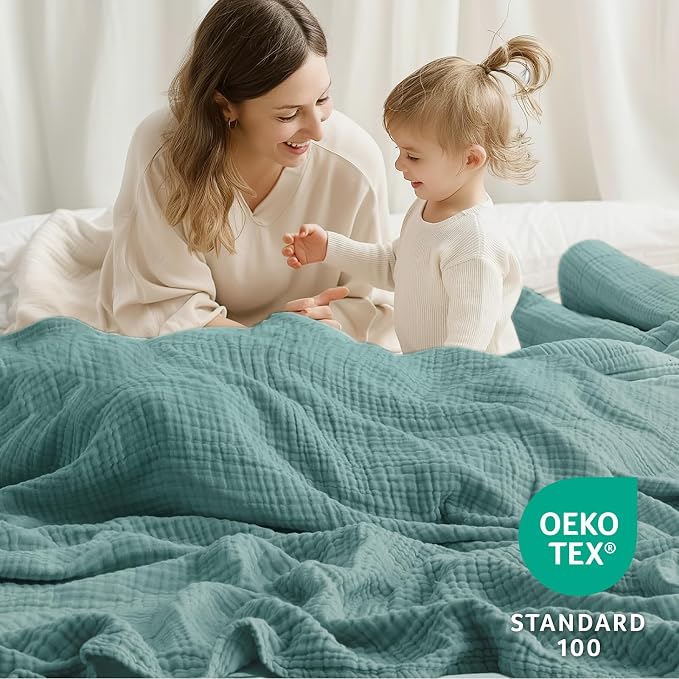 100% Cotton Muslin Blanket Twin XL 66" x 90", Breathable and Cooling Bed Blankets, Soft Boho Bedspread, Gauze Bedding for Adults All Season, Turquoise, Teal