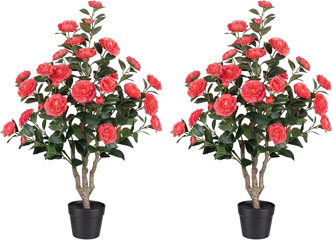 2 Pack 3FT Artificial Camellia Tree with Pink Flowers, UV Resistant Extra Lush Faux Potted Flowering Plant for Indoor Outdoor Front Porch Patio Home Office Decor, 36 Inch Tall Fake Tree