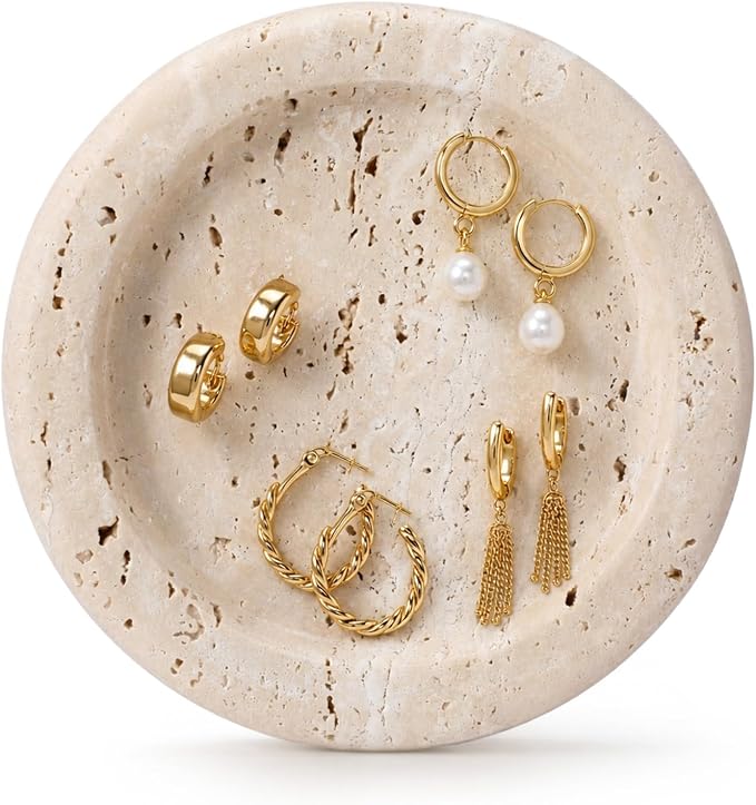 Threehoney 5.5 Inch Small Travertine Stone Tray Marble Jewelry Dish Trinket Tray for Women, Perfume, Coffee Table (Round)